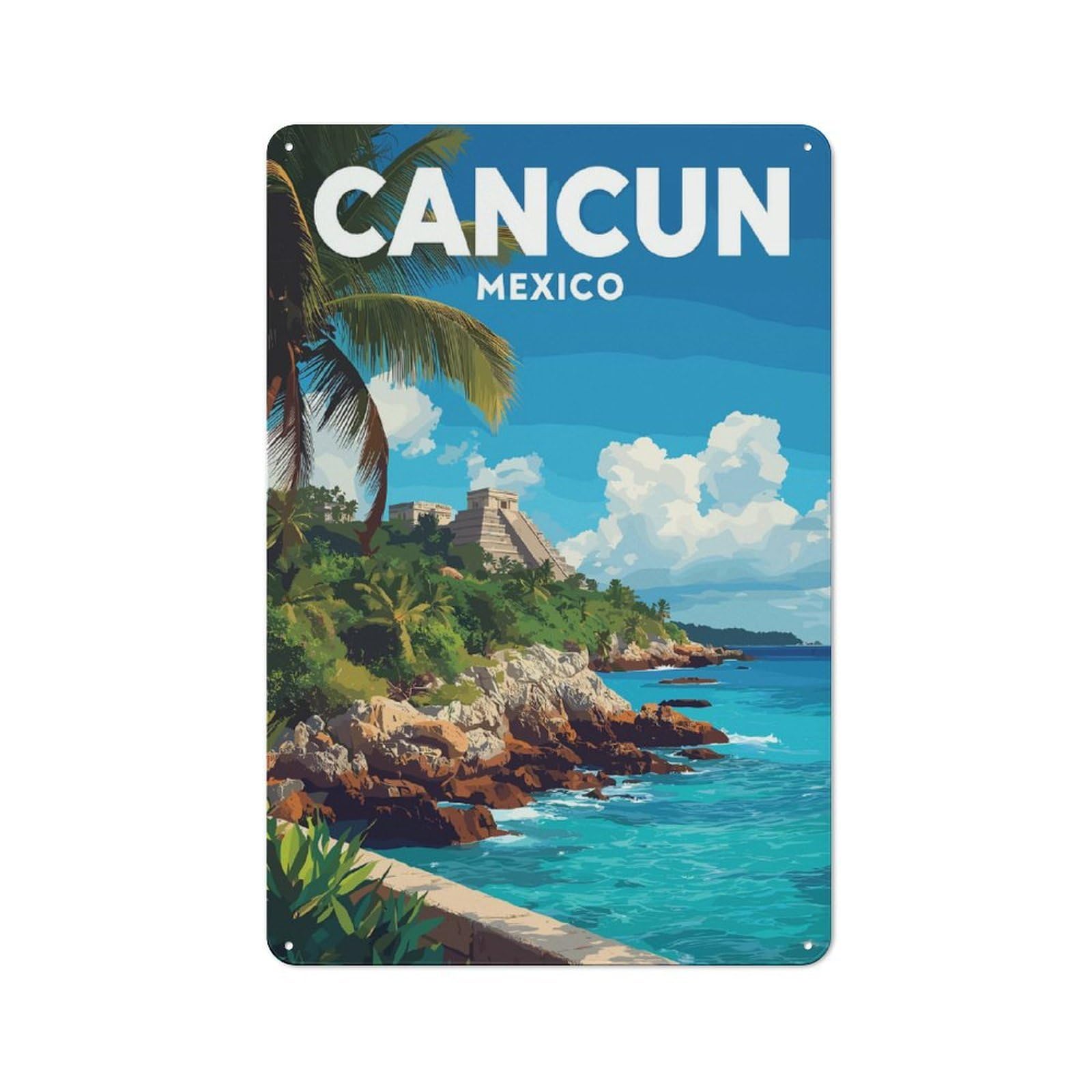 Junmoney Style-20 Tin Wall Sign With Cancun Mexico Travel Design 30X20cm, Cosy Cafe Wall Decor For Kitchen, Cafe, Pantry Or Dining Room