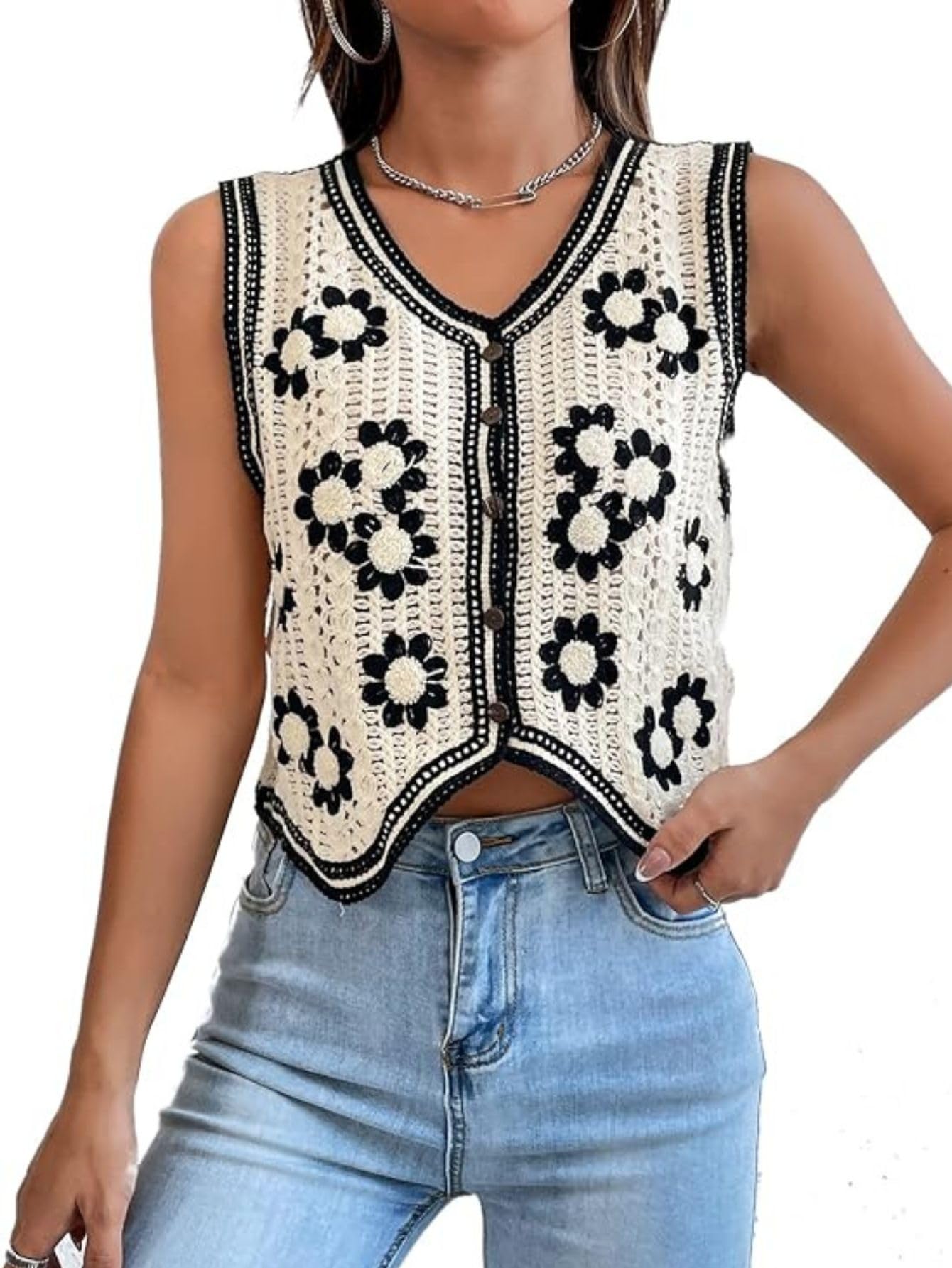 Verdusa Womens Sweater Vest Button Front V Neck Sleeveless Crochet Plaid Checkered Knit Sweater Vest