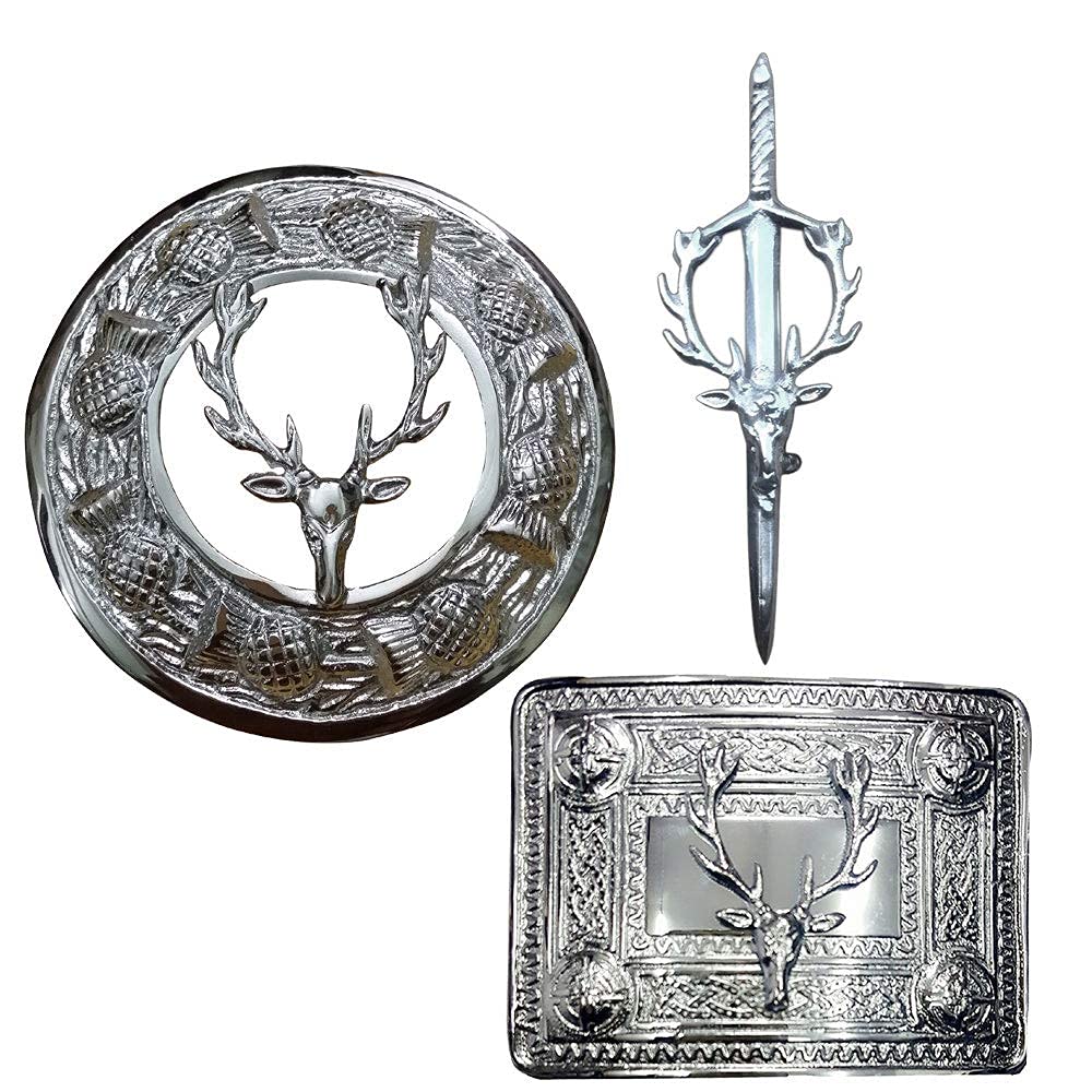 Tidoneam Unisex Chrome Kilt Pin Belt Buckle And Fly Plaid Brooch Stag Head Style Badge Set Finish