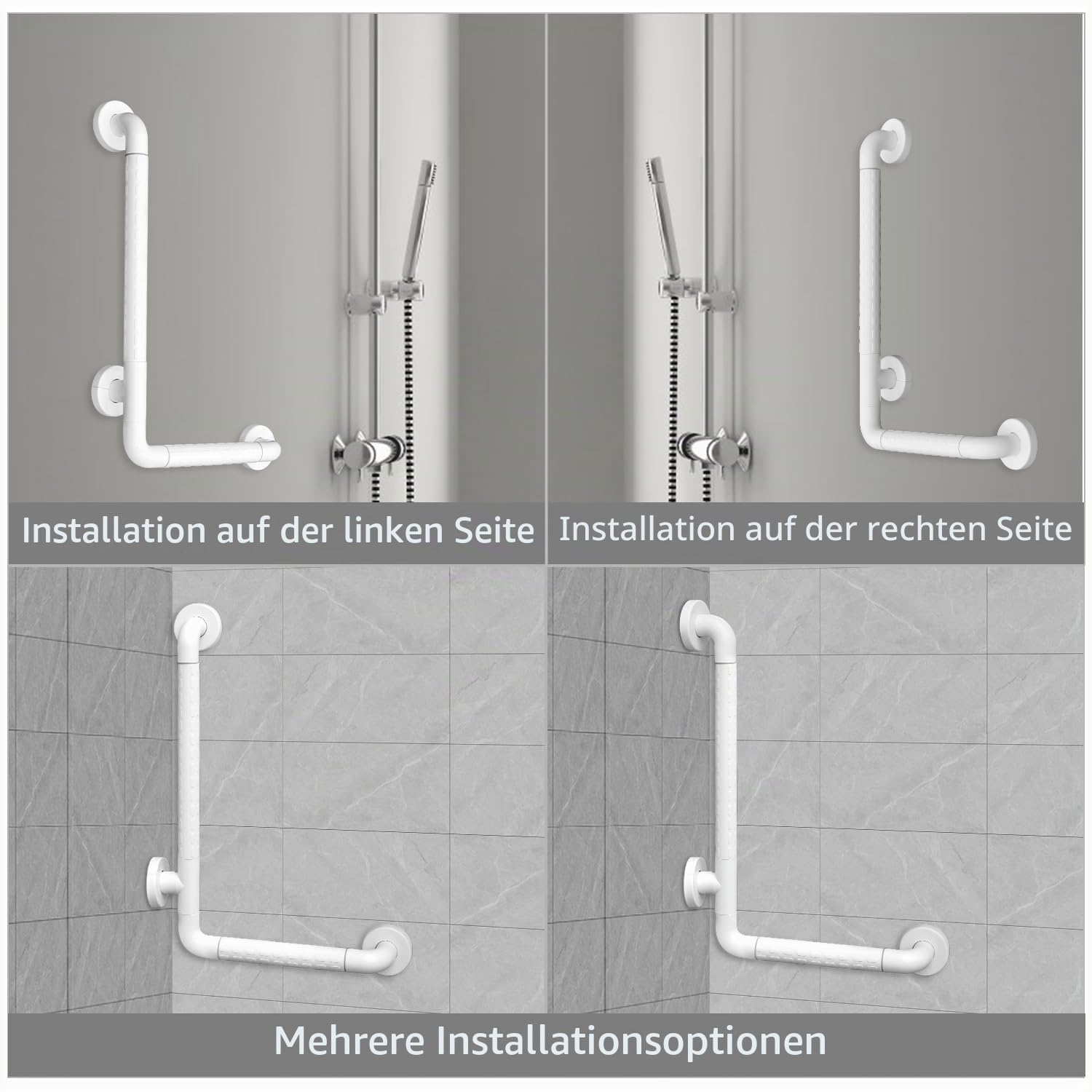 Haltegriff für Senioren, Dusche L-Form 60x40cm, WC Griff Edelstahl Weiß | Wandmontage, geeignet für Behinderte, Badewanne und Badezimmer, Duschgriffe bis 300kg Belastbar