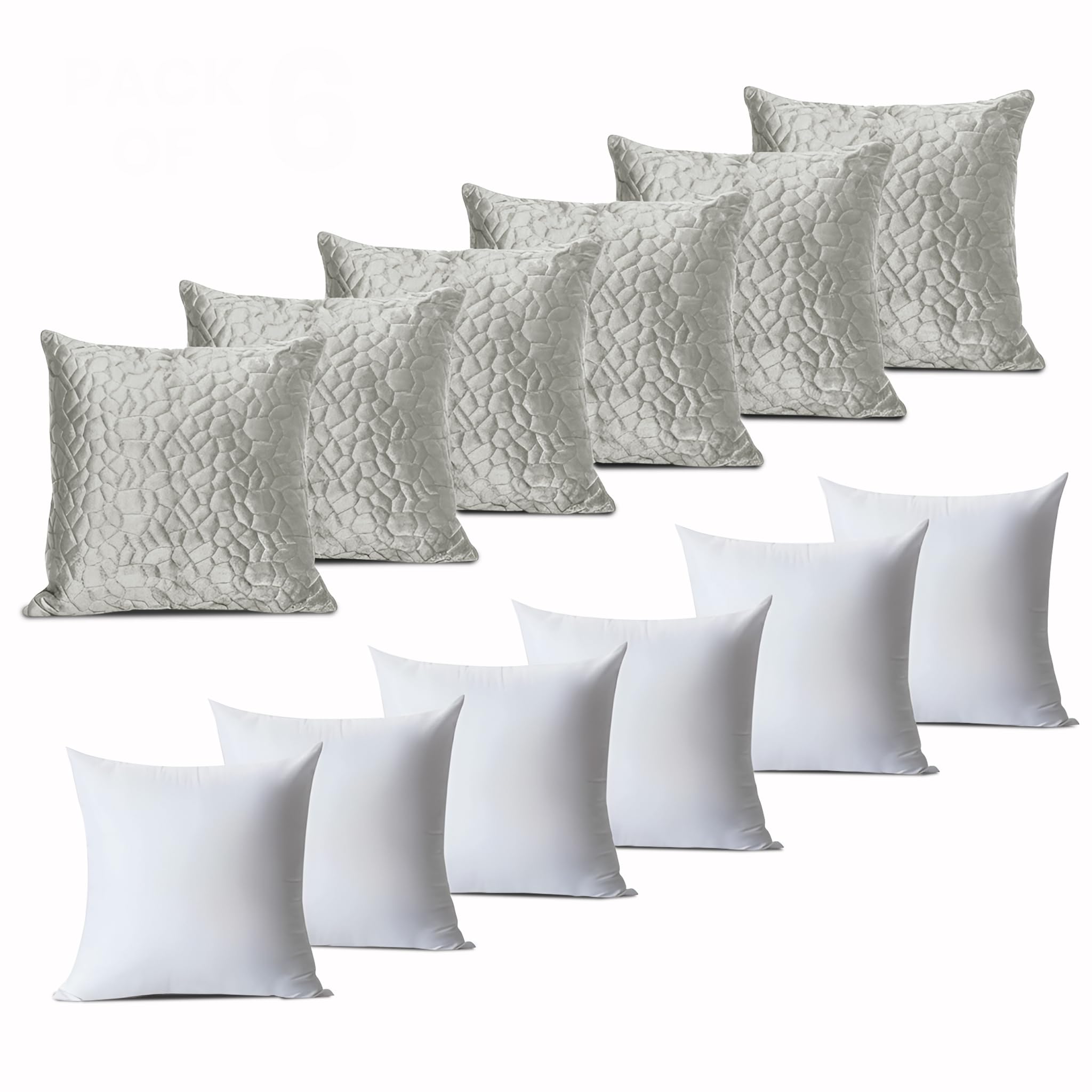 INSPIRE HOMEWARE Pebble Cushions with Covers Included Pack of 6 Silver 45 x 45 cm (6 covers,6 inners) Embossed Velvet Square Throw Pillowcases with Hidden Zipper for Sofa Livingroom Chair
