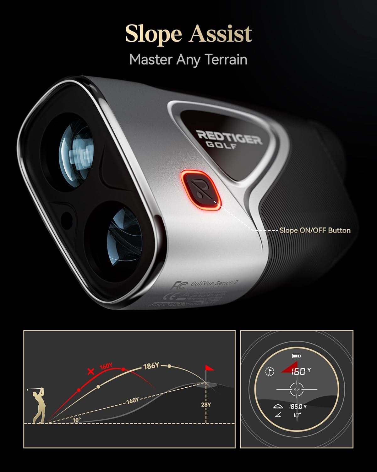 REDTIGER rangefinder demonstrating slope assist feature with a diagram showing adjusted distance for uphill and downhill shots, and the physical slope ON/OFF button.