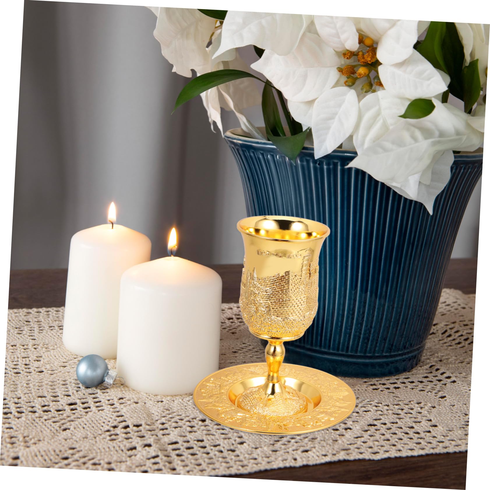 Baluue Copa De Vino De Shabat y Copa De Kidush Del Vino De Pésaj Dorada Con Platillo, Cristal Resistente, Para Celebraciones Judaicas y Día Festivo, Juego 1 Unidad