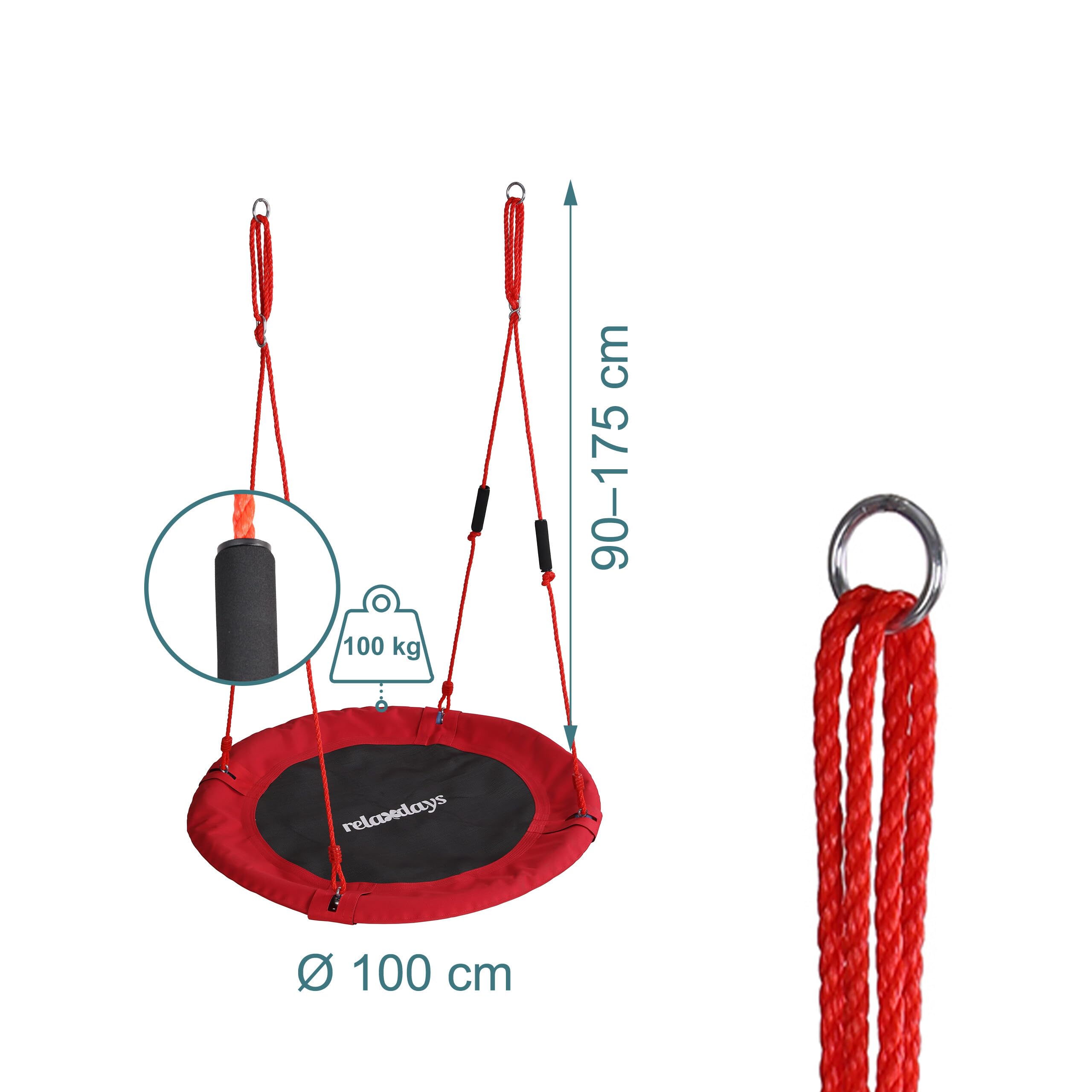 Relaxdays balançoire nid Ronde Suspendue, poignées Mousse, réglable, extérieur, Ø 100cm, Jusqu’à 100kg, Rouge