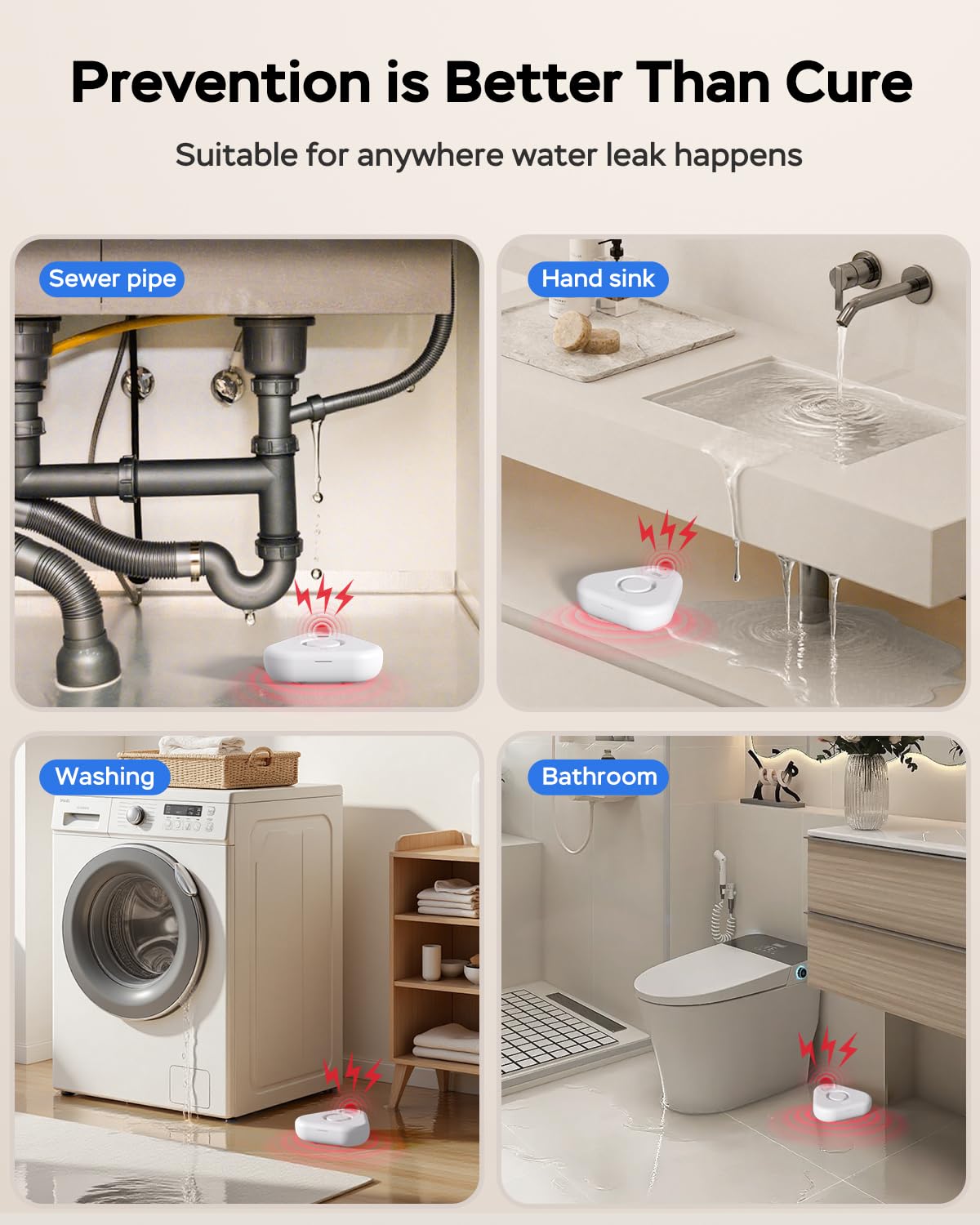 Sensor detector de agua, detectores de fugas de agua para el hogar con alertas de aplicación, alarma de agua con alarma ajustable de 120 db, transmisión de 500 pies para sótano, baño, lavandería, no