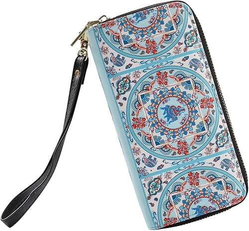 Miniatura 3 de LATH.PIN Cartera bohemia con bloqueo RFID, bolso de lona con patrón de elefante con bolsillo para monedas y correa