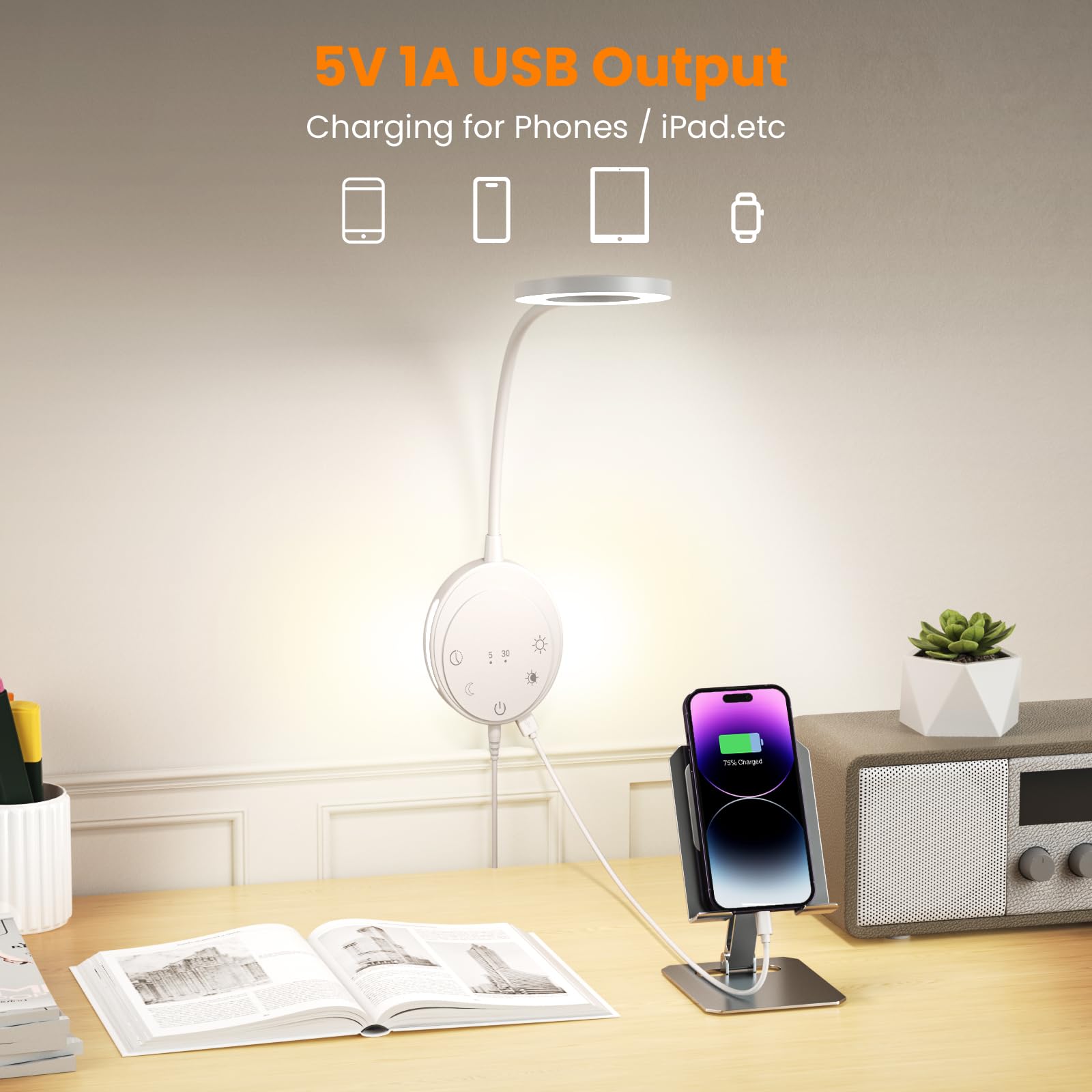 Naścienna lampka do czytania, lampki nocne z 5 temperaturami barwowymi i 5 ściemnianiami, elastyczna szyja 360°, wyjście USB, lampka nocna i funkcja timera
