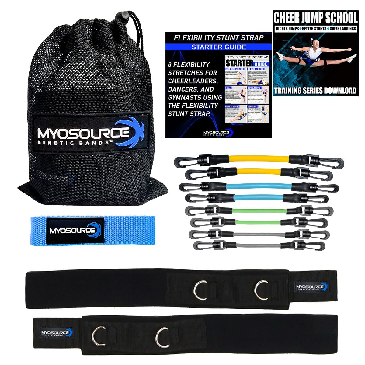 Cheer Kinetic Bands for Cheerleader Flexibility and Strength Training | Improve Jumps, Stunts, Landings | 2 Resistance Level & 12 Stunt Strap Color Options, Digital Training Downloads