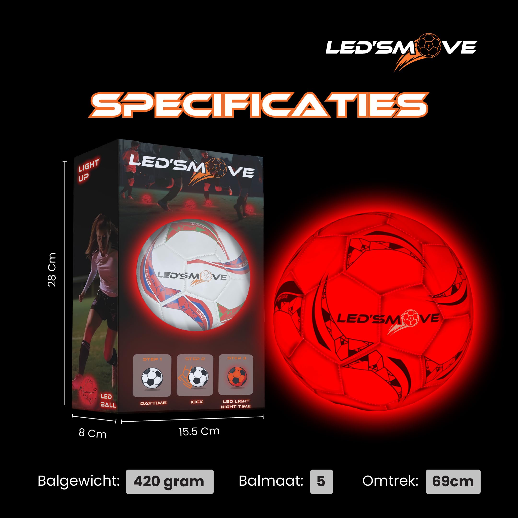 LED'S MOVE - Pallone da calcio luminoso a LED - Pallone da calcio luminoso con luce - Glow in The Dark - Giocattolo luminoso - Palloncino luminoso misura 5 - Modello LS2 tradizionale
