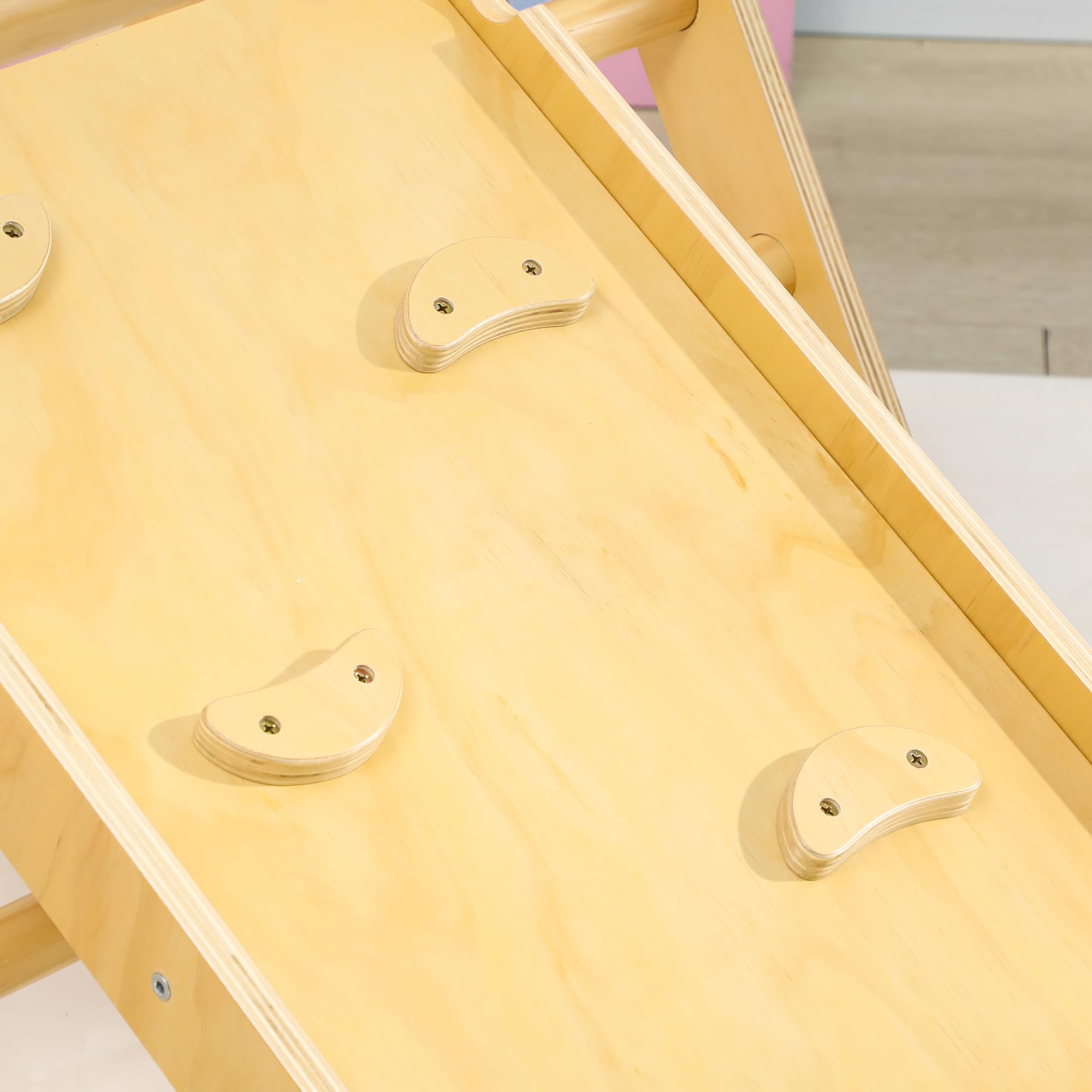 AIYAPLAY Triangle Arche d'escalade Enfants 5 en 1 50 kg Effet Bois Naturel | Avec Triangle d'Escalade, Rampe Réversible, Toboggan, Bascule, pour Bébé 18-48 Mois, Parcours Motricité Bébé