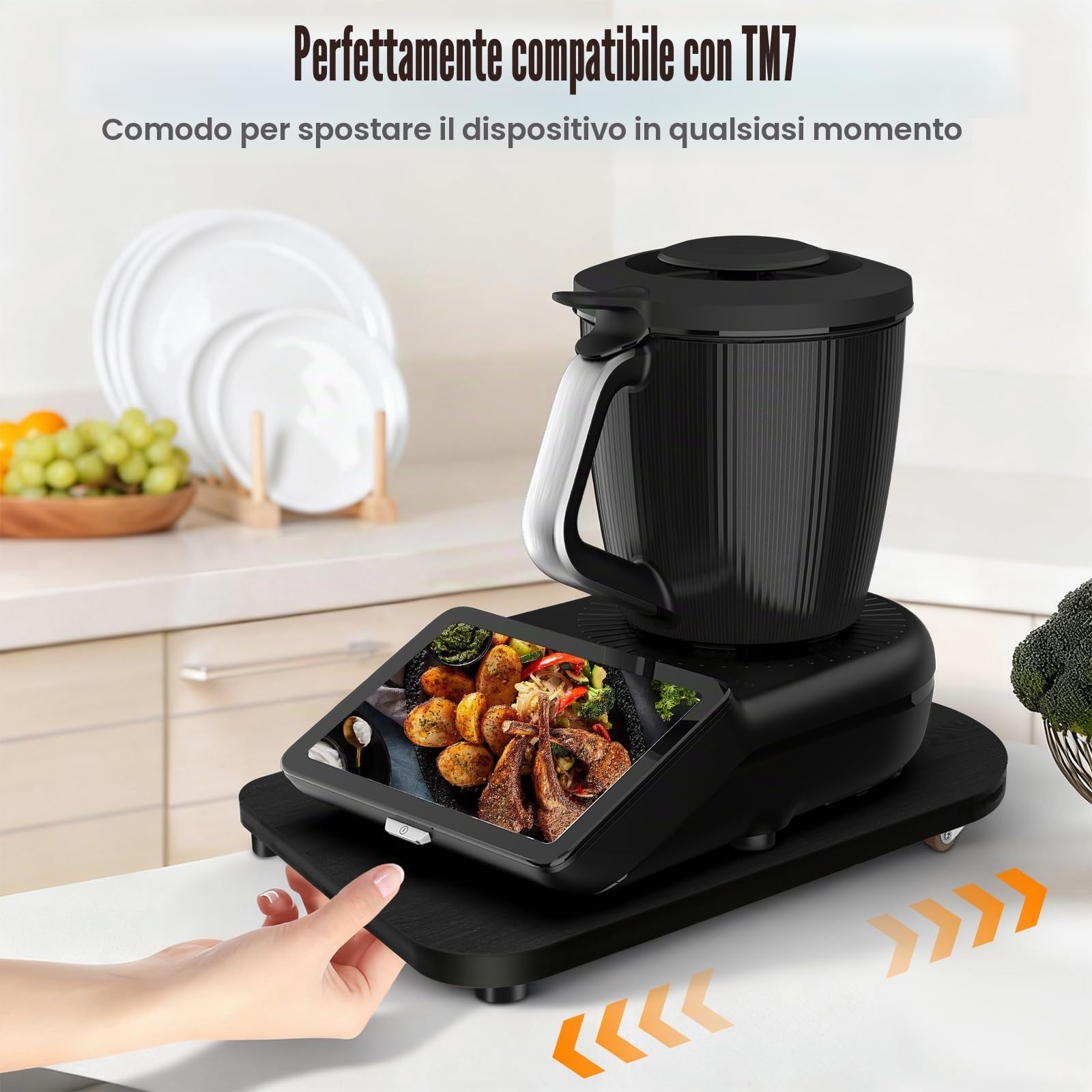 Tavola scorrevole in legno per Bimby TM7, con ruote a 360° e tappo, spostamento senza sforzo del robot da cucina, piedini in gomma antiscivolo per supporto sicuro, accessori TM7 di alta qualità