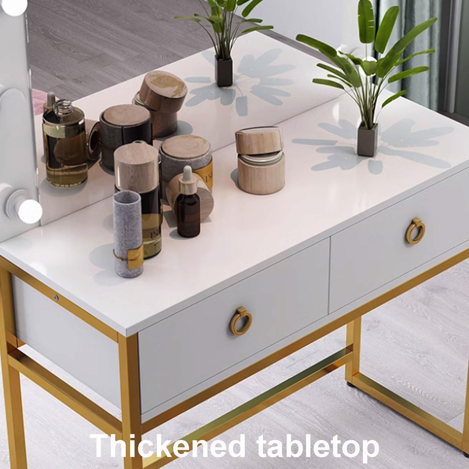 Elegante specchio da trucco illuminato in oro bianco – Piccola postazione trucco e soluzione per riporre oggetti per casa e studio – Design moderno ed elegante, perfetto per gli amanti della bellezza