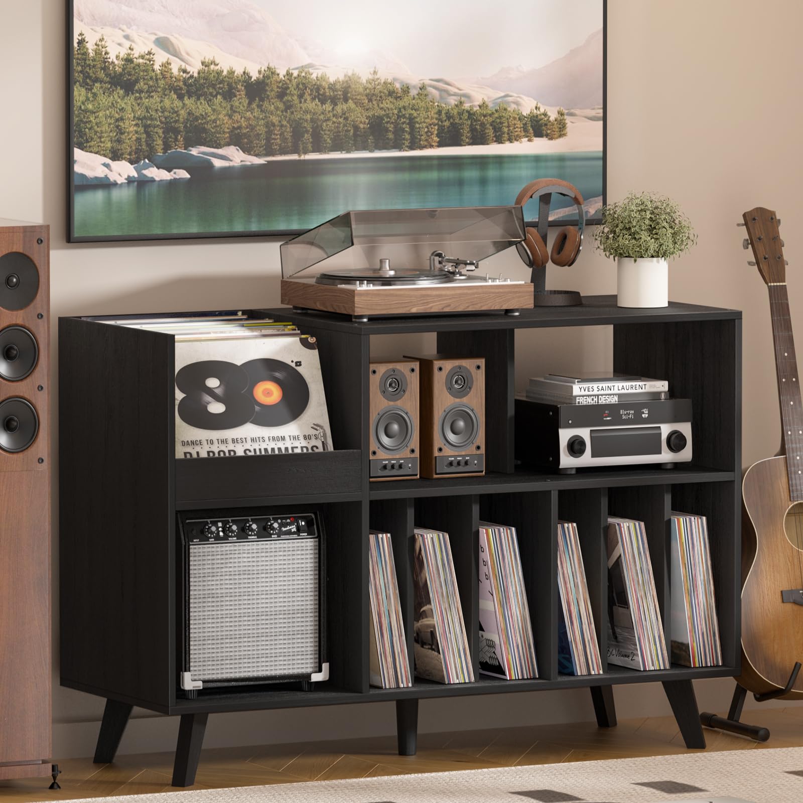 Großer Plattenständer mit Aufbewahrung,Plattenspieler-Ständer mit Ablage,Vinylplatten-Halterung mit Präsentationsfläche,Plattenständer für bis zu 450 Alben, Plattenregal für Musikzimmer und Wohnzimmer