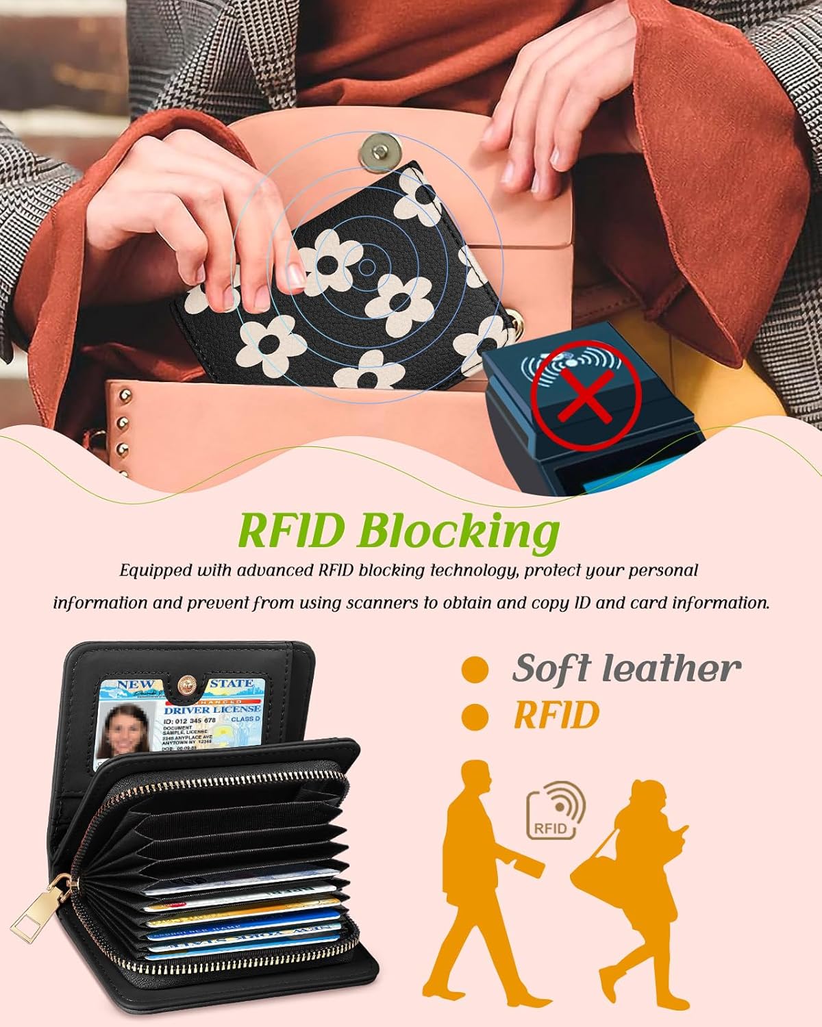 Bistup Credit Card Holder Wallet for Women - Cute Leather Ladies Teen Girls Female Cardholder Wallets Accordion Purse Small Medium Aesthetic Print Black Flower Unique Modern Rfid Zipper Around - Image 5