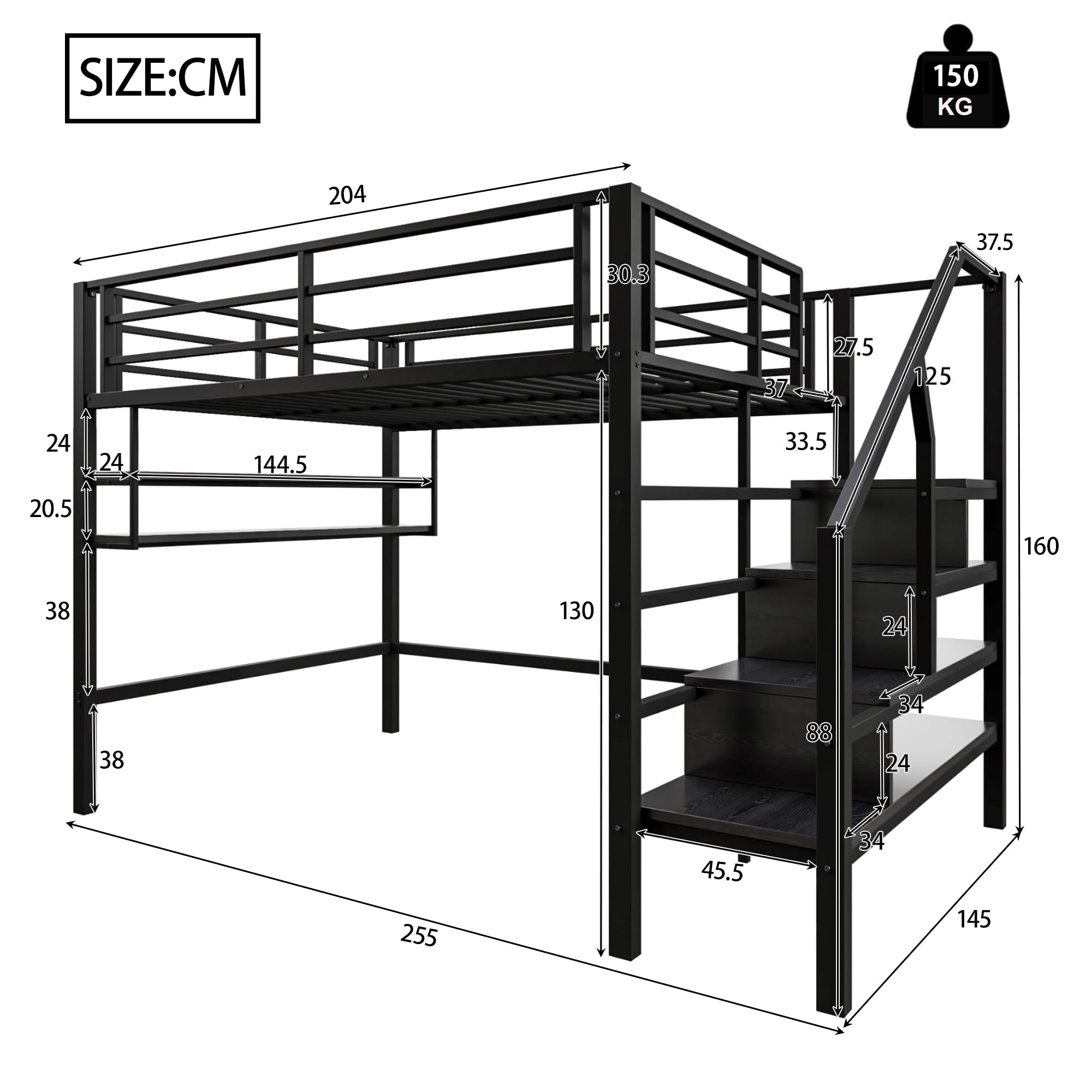 SACOOL Letto a soppalco, 140 x 200 cm, ripiano per riporre spazio sotto il letto, per il rivestimento, ringhiera senza materasso, colore nero