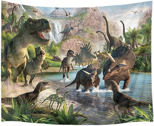 HVEST Tapiz de dinosaurio salvaje y antiguo depredador para colgar en la pared, bosque tropical con árboles verdes y montañas, tapices de pared para