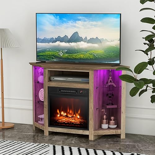 Miniatura 9 de GOFLAME Soporte de TV con chimenea de esquina con luces LED para televisores de hasta 50 pulgadas, moderno centro de entretenimiento con chimenea