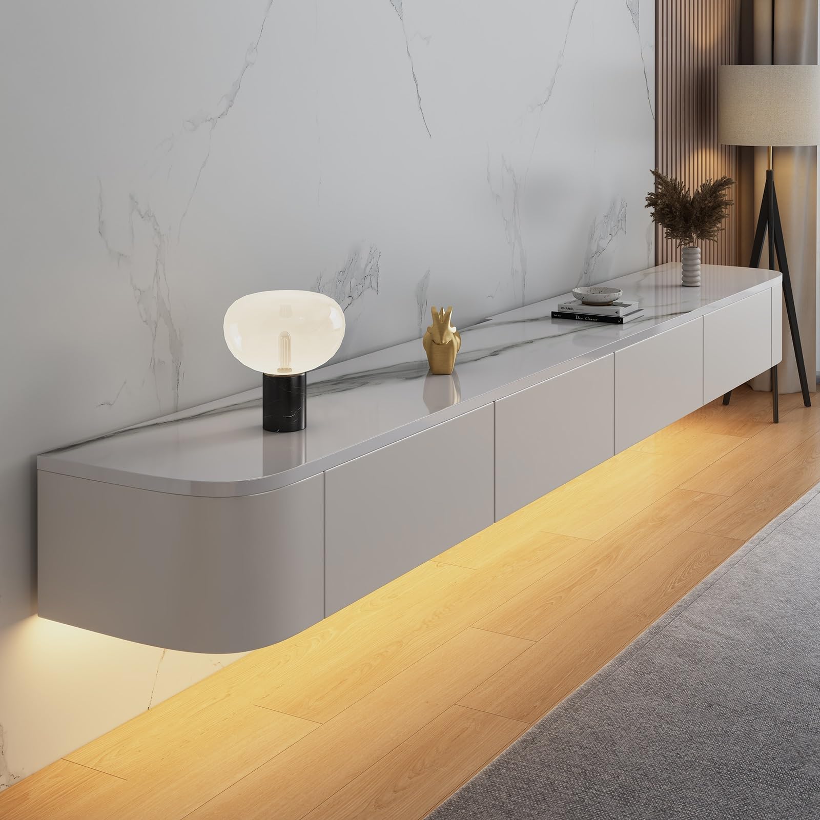 Mobile TV sospeso da parete con porta da 160 cm, ripiani per console multimediale per soggiorno e camera da letto, elegante sotto la TV, soluzione moderna per l'intrattenimento domestico