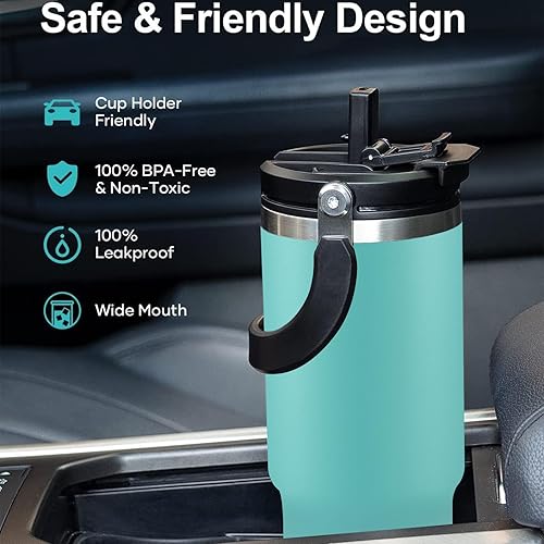 Miniatura 6 de Vaso de 24 onzas con asa, vaso de acero inoxidable aislado con popote y vaso de tapa 2 en 1, azul aguamarina