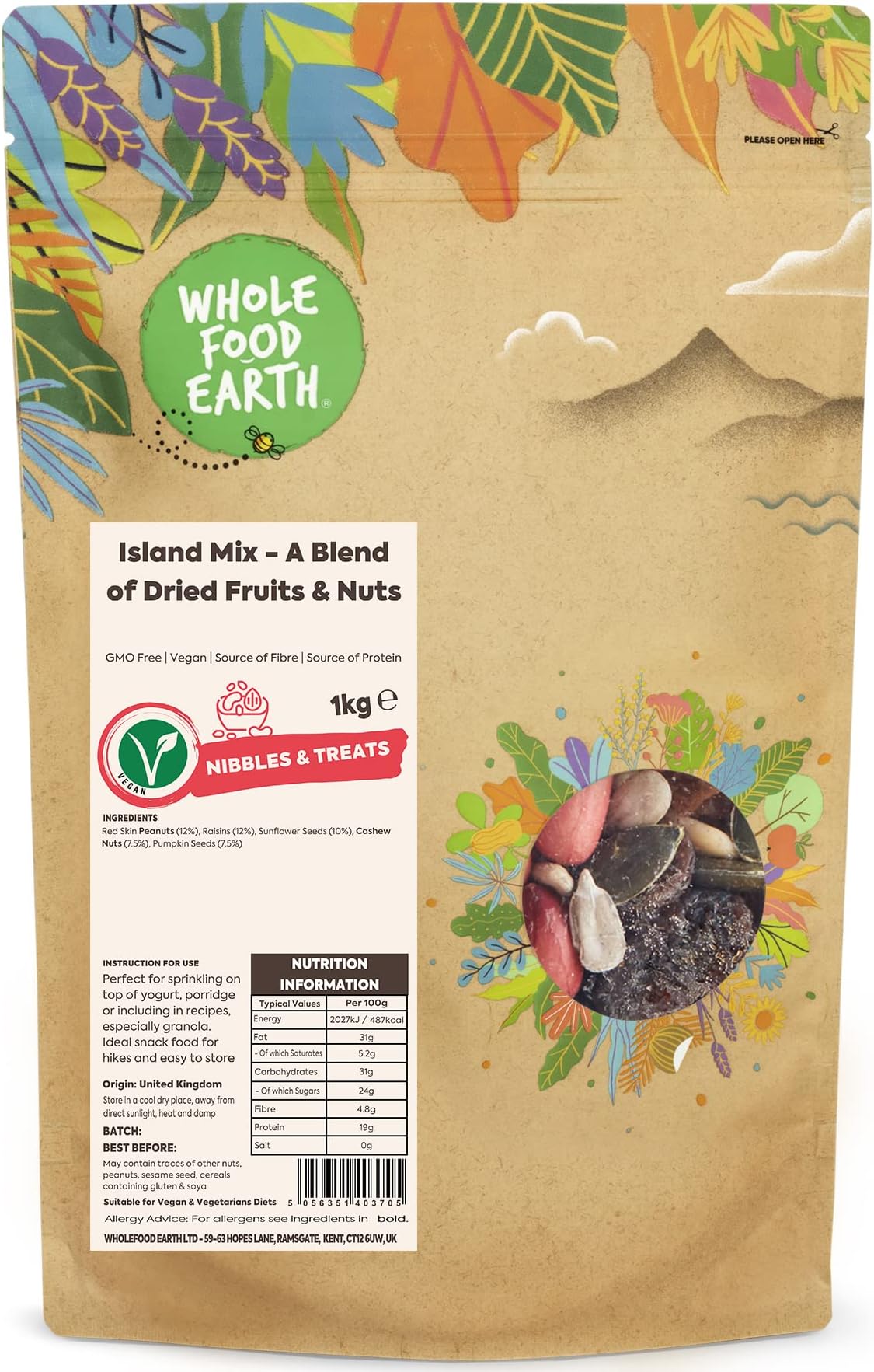 Wholefood Earth Island Mix - A Blend of Dried Fruits and Nuts 1 kg | GMO Free | Source of Fibre | Source of Protein