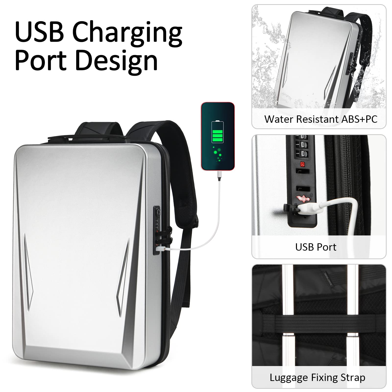VARLIVOO Uomo Zaino 17.3" Laptop Serratura Antifurto Zainetto con Porta di Ricarica USB Alta Capacità Borse Lavoro Viaggio Scuola Università Campeggio Antifurto Zaino Guscio Rigido PC Argento