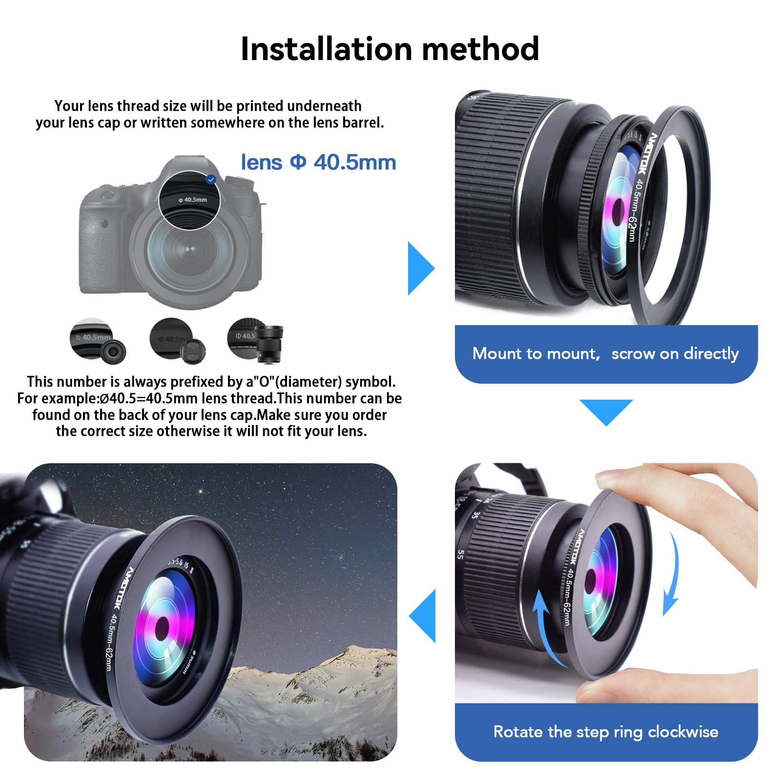 Pierścień adapterowy do filtra Step Up 40,5 mm na 62 mm, kompatybilny z adapterem obiektywu 40,5 mm na akcesoria do aparatu 62 mm