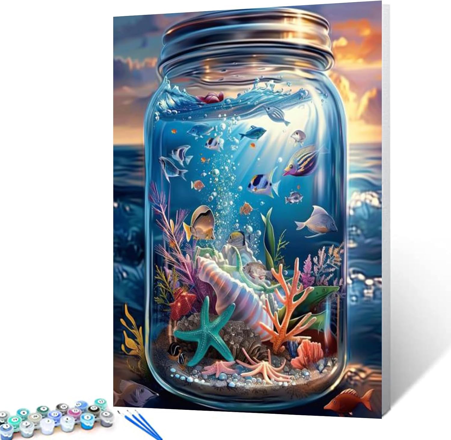 Ocean Sunshine Scenery in a Glass Jar DIY Paint by Numbers for Adults Sea DIY Oil Painting Acrylic Paint Art Marine Painting Kits Canvas with Acrylic Paints Ocean World Art 16x20 Inch（DIY Frame ）