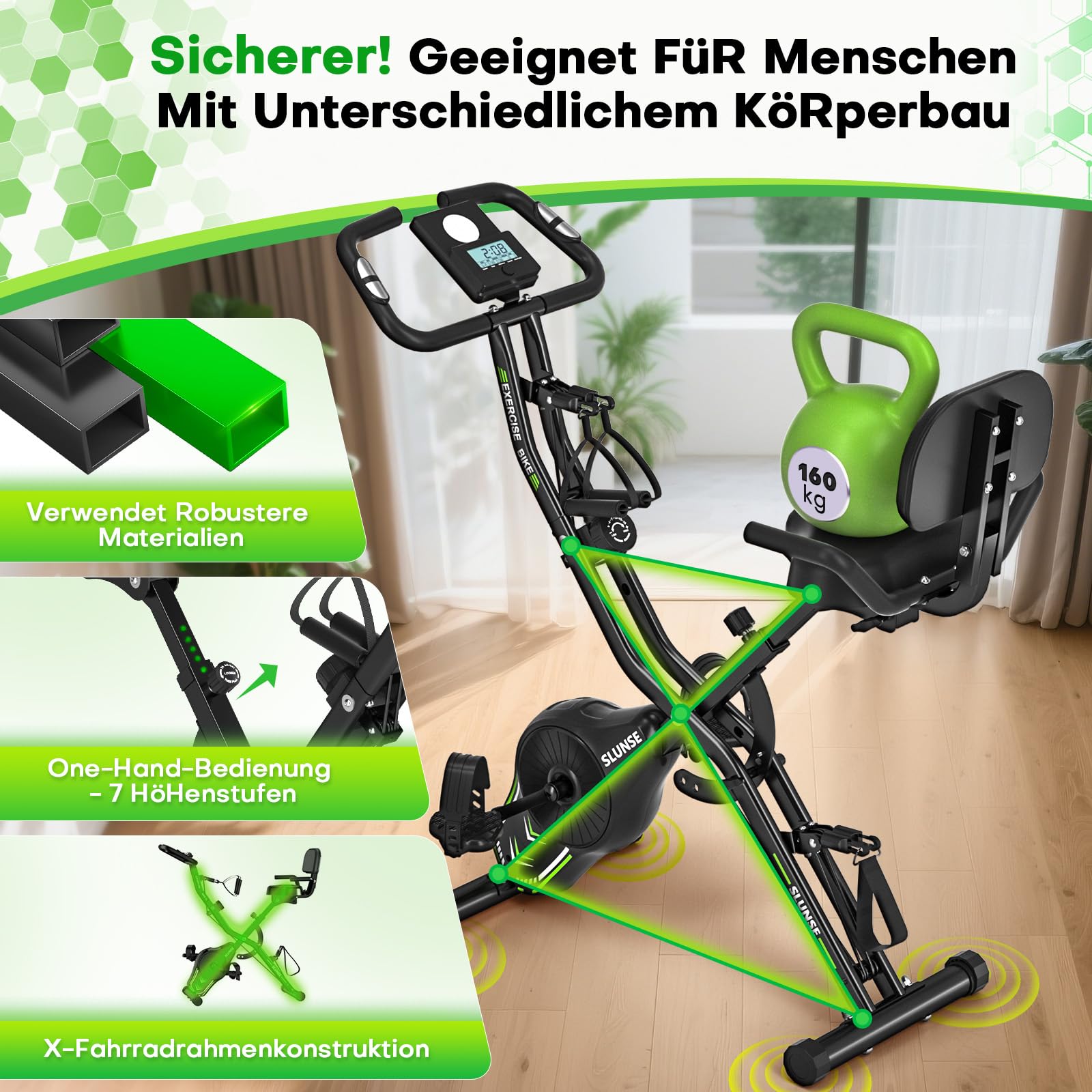 Heimtrainer Fahrrad, SLUNSE Neues 5-in-1 Hometrainer Fahrrad Klappbar, Ergometer Heimtrainer mit 16-fach Magnetwiderstand, Leise & Bequem, LCD-Display, Belastbar bis 160kg, Home Trainer