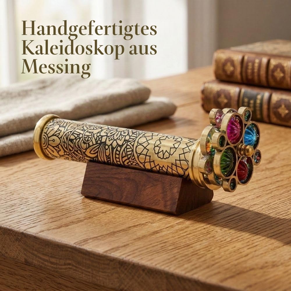 Handgefertigtes Kaleidoskop aus lackiertem Messing, geätztes Blumenmuster, inklusive zwei separaten Drehrädern, ein einzigartiges Geschenk für meinen Sohn, Enkel, Tochter. 16,5 x 2,5 cm
