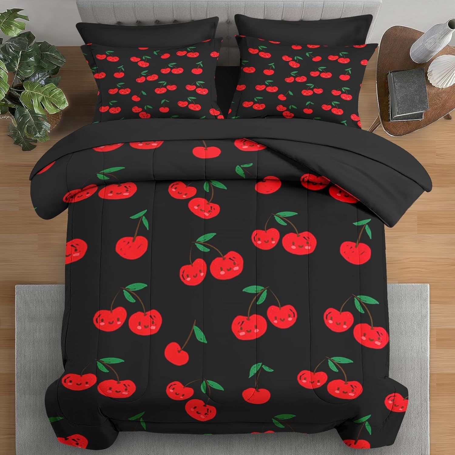 Pamnest Comforter Set Queen Size, Cute Cartoon Cherry 7 Pcs Bedding for Kids and Adults, Red Sweet Fruit Bed Sheet Sets with Fitted Sheet 2 Pillowcases & 2 Shams for Bedroom Bed Decor