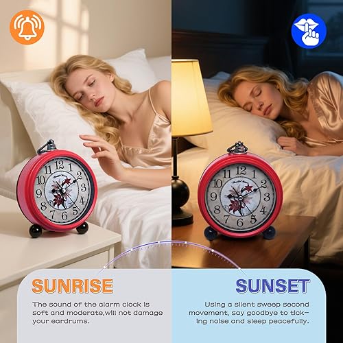 Miniatura 5 de Reloj despertador de metal retro vintage de 5 pulgadas, reloj analógico silencioso de mesa que no hace tictac, funciona con pilas, para mesita de