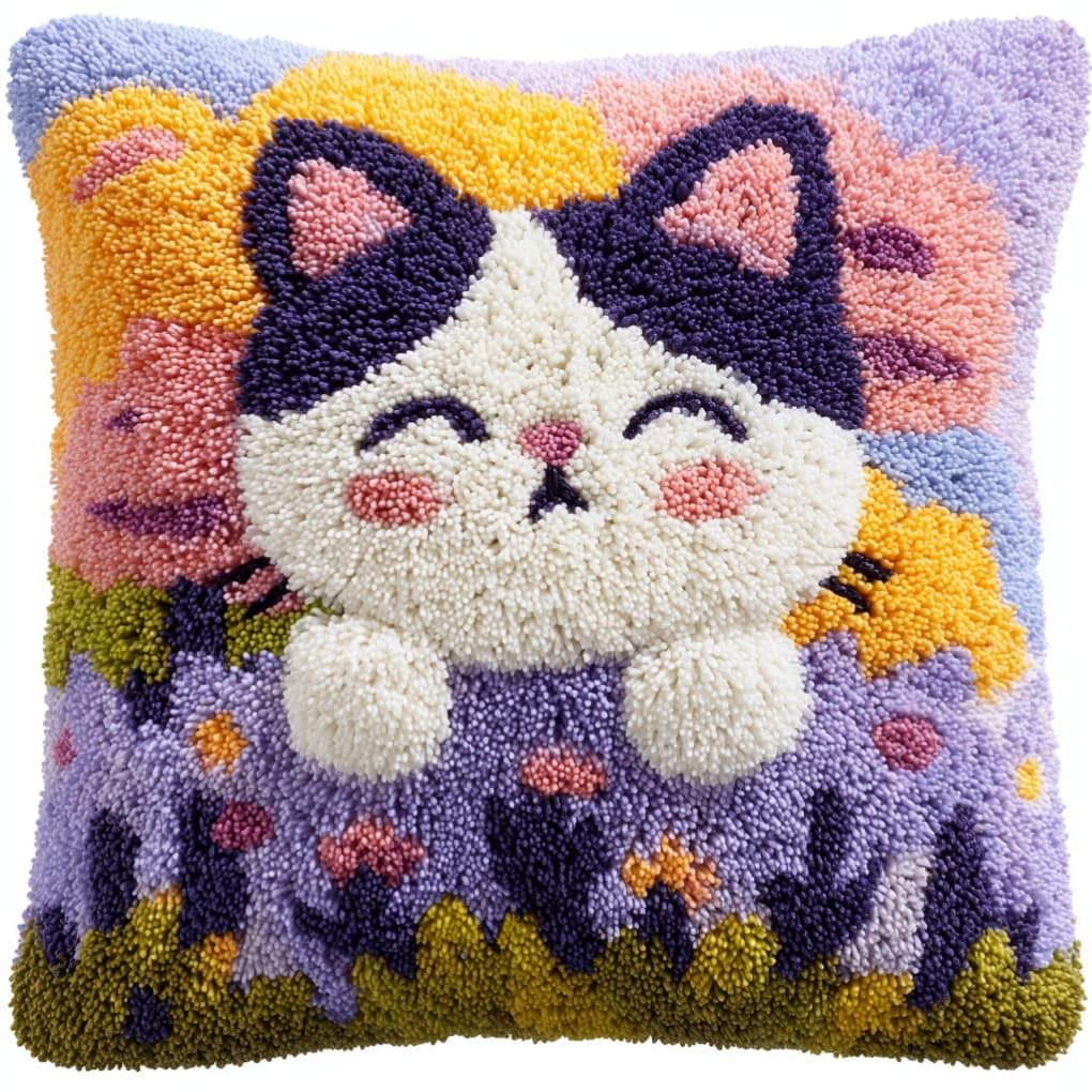 kitphoenix Latch Hook Kit Pillow Case Lavender Cat 43Cmx43Cm