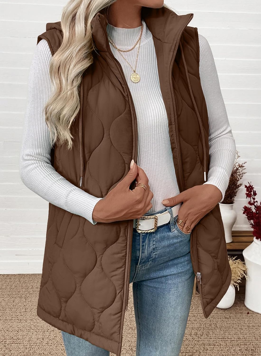 EVALESS Long Puffer Vest Women Sleeveless Hooded Puffer Jacket Lightweight Quilted Jackets Winter Warm Zip Up Coat Outerwear - Image 4