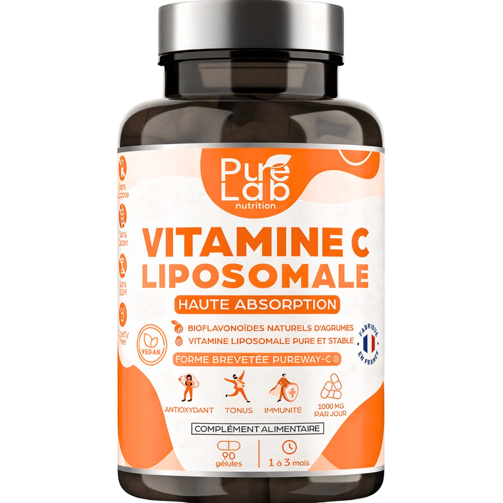 Vitamine C Liposomale 1000mg - Haute Absorption - Immunité, Antioxydant, Tonus - Formule Brevetée PureWay™ - Sans Lactose, Sans Gluten - Fabriqué en France - 90 gélules, Cure de 1 à 3 mois