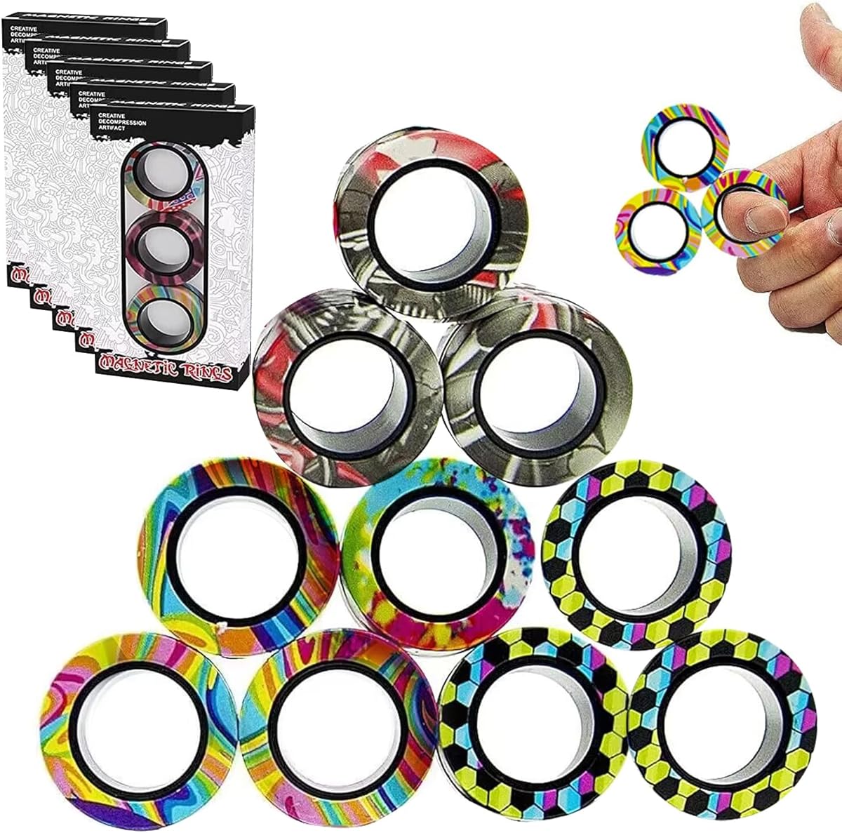 12Pcs Magnetic Rings Fidget Toys Spinner Set Easter Basket Stuffers for Kids Party Favors,Finger Magnet Rings Endless Hours of Fun ADHD Stress Relief Fidget Spinners for Birthday Adults