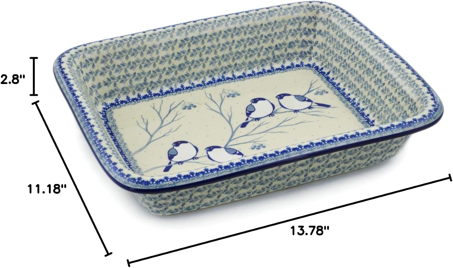 Polmedia Polish Pottery Rectangular Baker UNIKAT - Waiting Birds Pattern Handmade in Boleslawiec Poland by Ceramika Artystyczna + Certificate of Authenticity