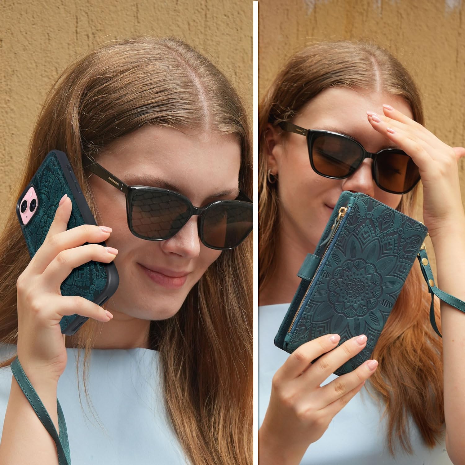 Harryshell Compatible with iPhone 14 6.1 inch 5G 2022 Wallet Case Detachable Magnetic Cover Zipper Cash Pocket Multi Card Slots Holder Wrist Strap Lanyard (Floral Teal)