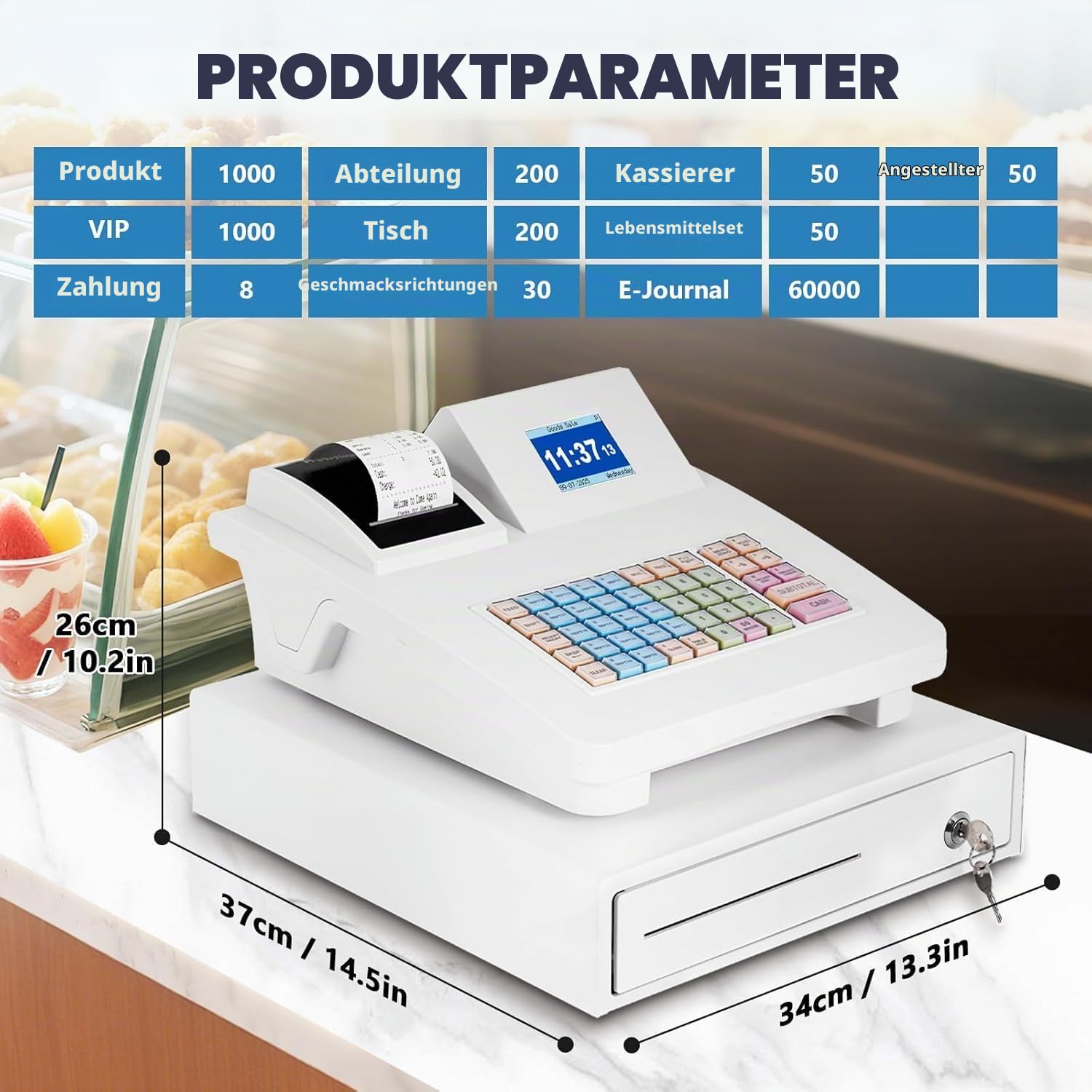 MABAOHENG Elektronische Registrierkasse mit 58 mm Thermodruck Kasse für den Handel mit LED Kundenanzeige Smart-Kassensystem Einzelhandel mit Kassenschublade für Gastronomie/Einzelhandel (English)