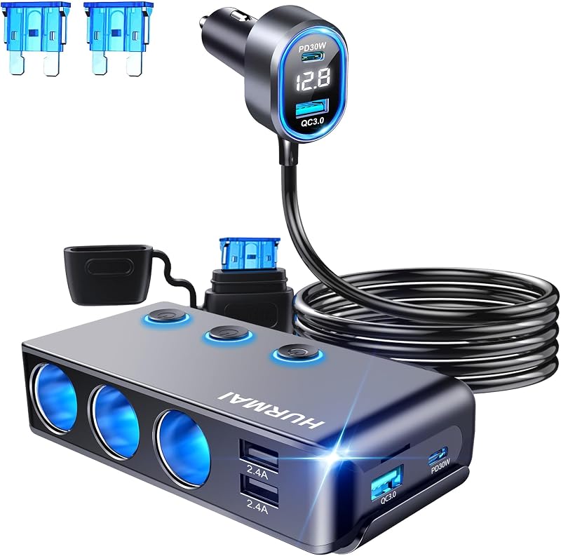 Adaptador automotivo HURMAI 9 em 1 com 3 tomadas, USB-C PD30W e voltímetro LED – 1 unidade