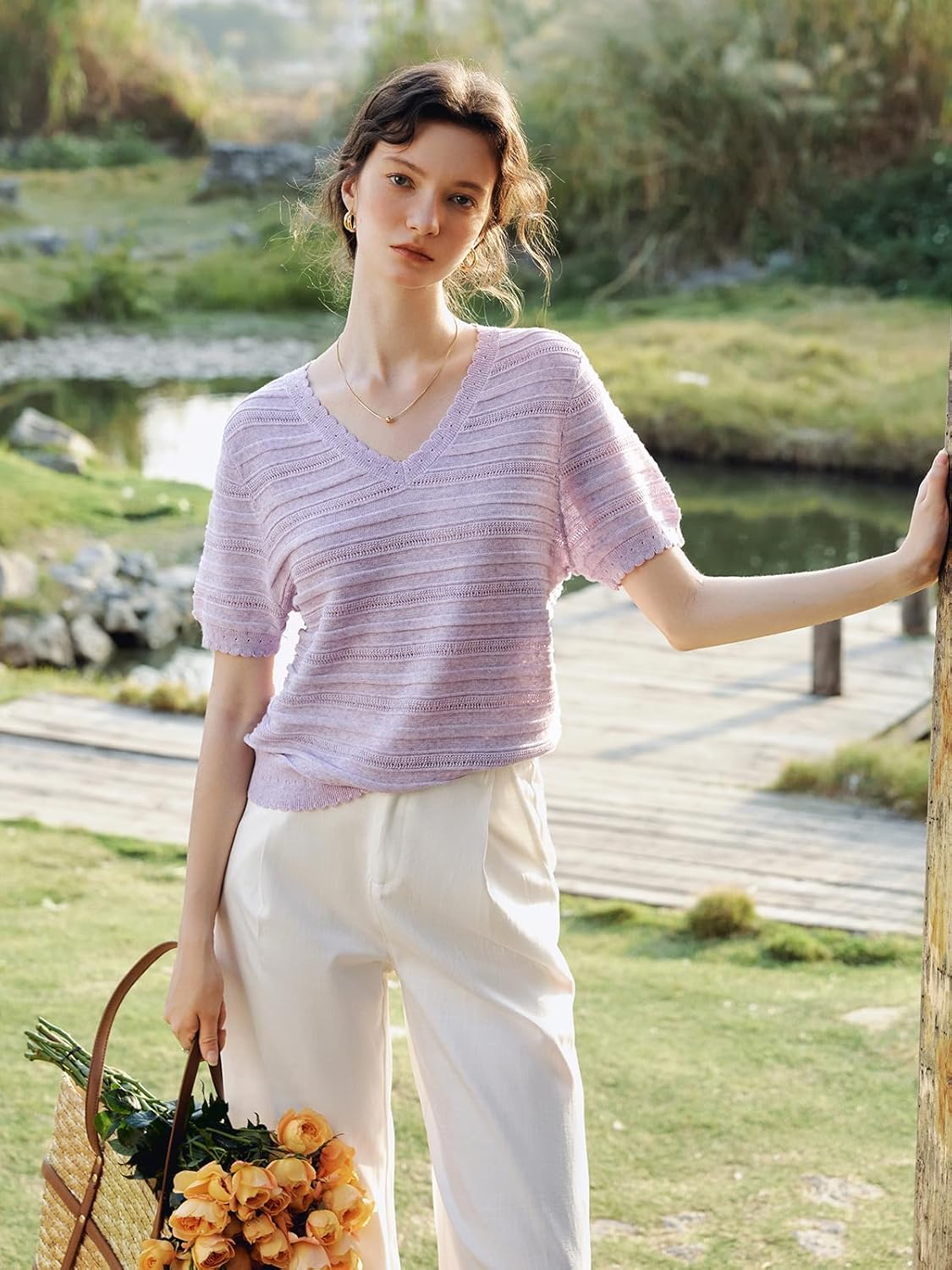 Women’s Purple Short Sleeve Sweater Top with Petal V Neck Lightweight Openwork Knit Casual Summer Top