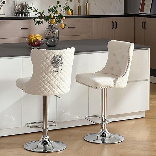 Miniatura 9 de Juego de 2 taburetes de bar giratorios con tirador de anillo, modernos taburetes ajustables de terciopelo con respaldo alto copetudo, silla de