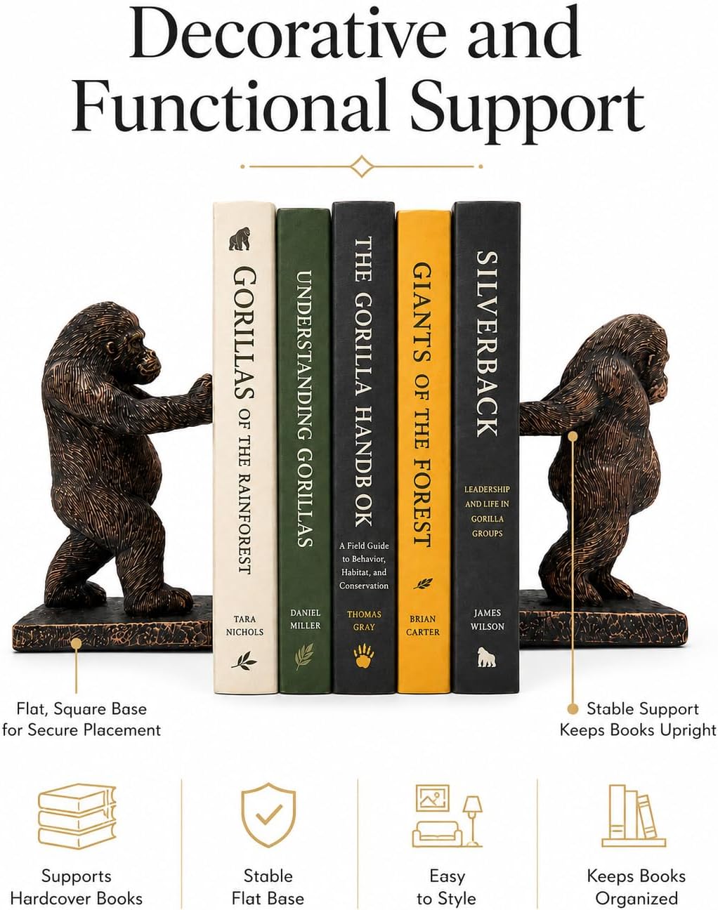 2-Pack Bronze Resin Gorilla Bookends, Realistic Heavy Animal Gorilla Sculpture Decorative Book Ends for Shelves Office Desk, Study Room, Living Room Shelf Decor, Book Lovers Gifts (Gorilla)