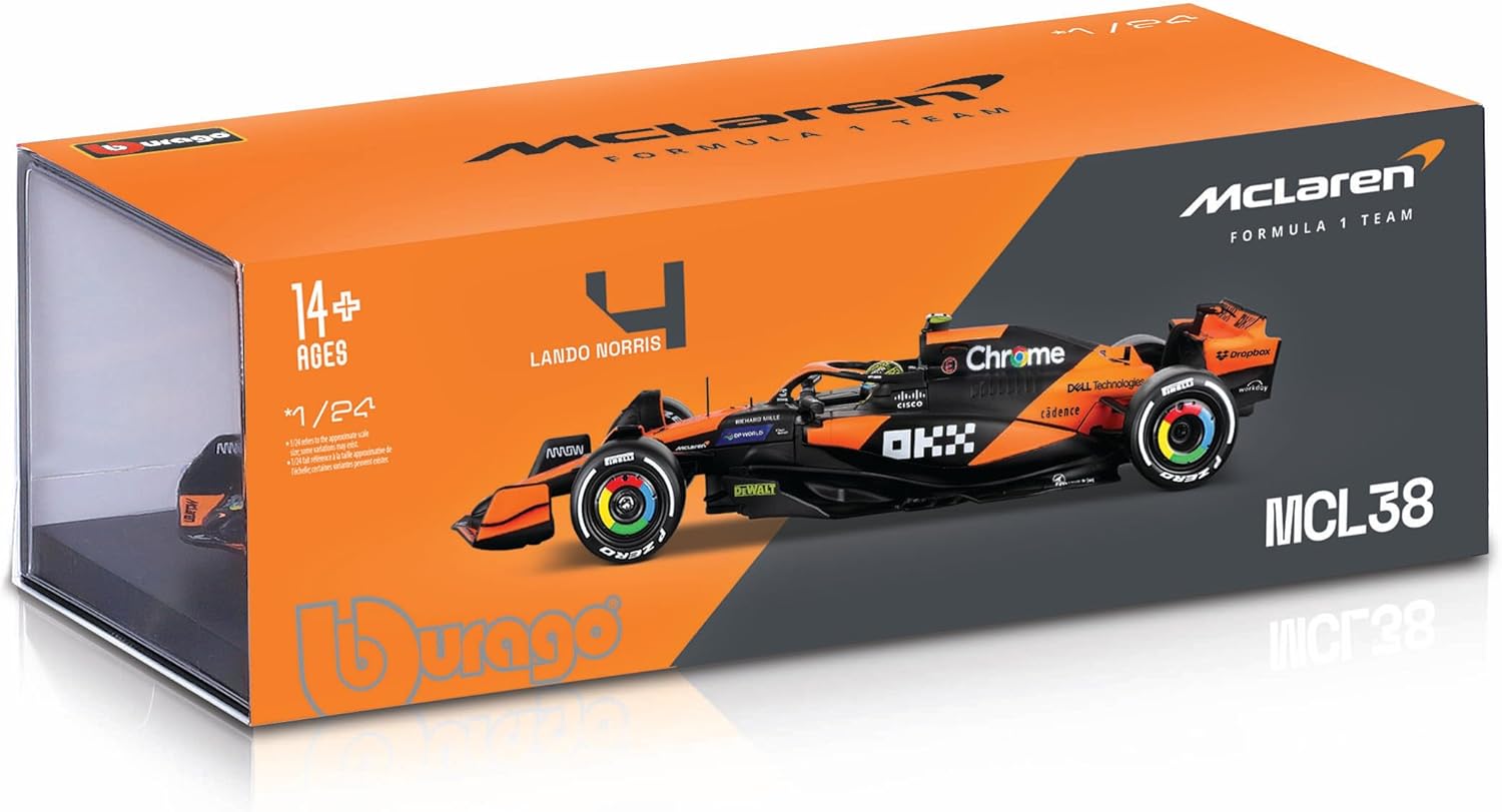 Bburago 1:24 Scale 2024 Formula Race McLaren MCL38 Diecast Vehicle with Helmet, Norris #4