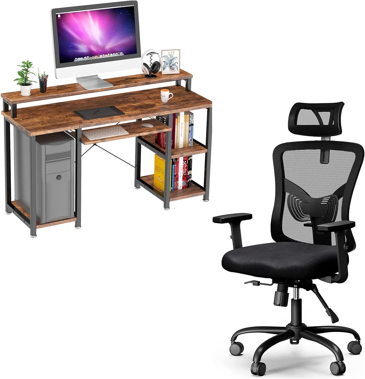 NOBLEWELL Computer Desk with Monitor Stand Storage Shelves Keyboard Tray Office