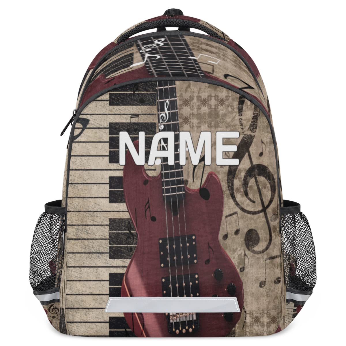 OMFUNS Vintage Piano Custom Name School Backpack for Boy Girl Teen Guitar Music Note Personalized Student Bookbag for Primary Junior College