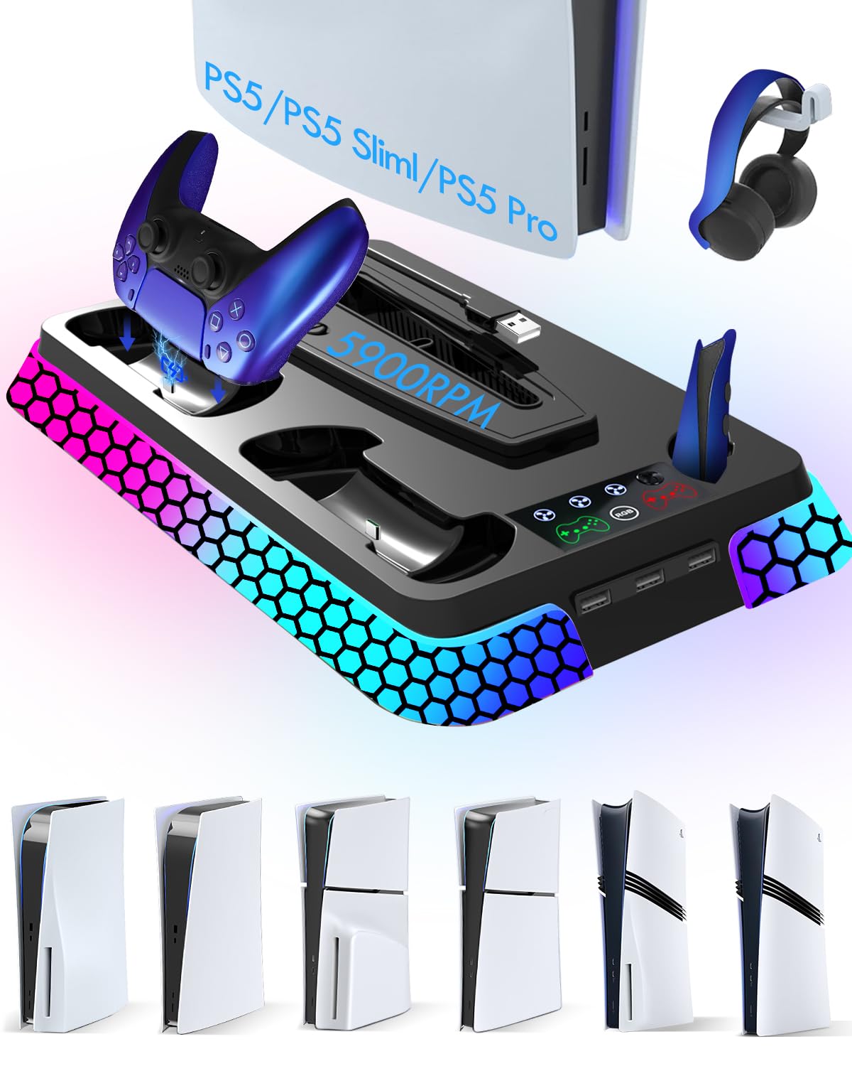 PS5 Pro Slim Cooling Station with RGB Lights PS5 PlayStation 5 Stand Vertical Base Accessories with Silent 3-Level