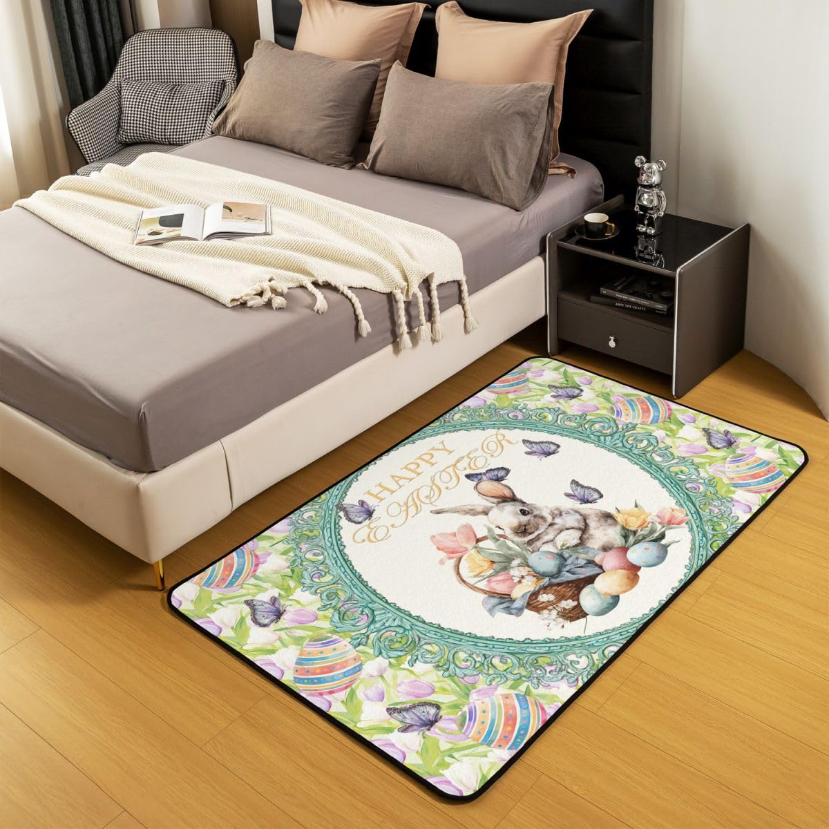 Feliz Pascua Sala de Estar Alfombra 150 x 200 cm Lindo Conejo Huevos Estampado Alfombra para Niños Niñas Acuarela Flores Tulipanes Mariposa Alfombra de Piso Decoración del Hogar