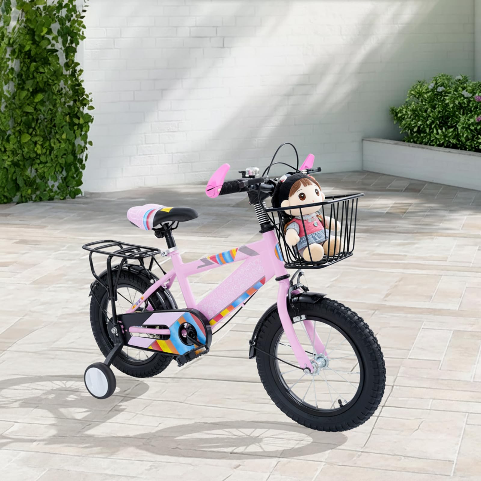 Kinderfahrrad 14 Zoll, Fahrräder mit Stützrädern & Puppenfahrradsitz & Korbstreame, Urban Mädchenfahrrad Kinderfahrräder, Kinder Fahrrad für 3-6 Jahre alt, bis 50kg
