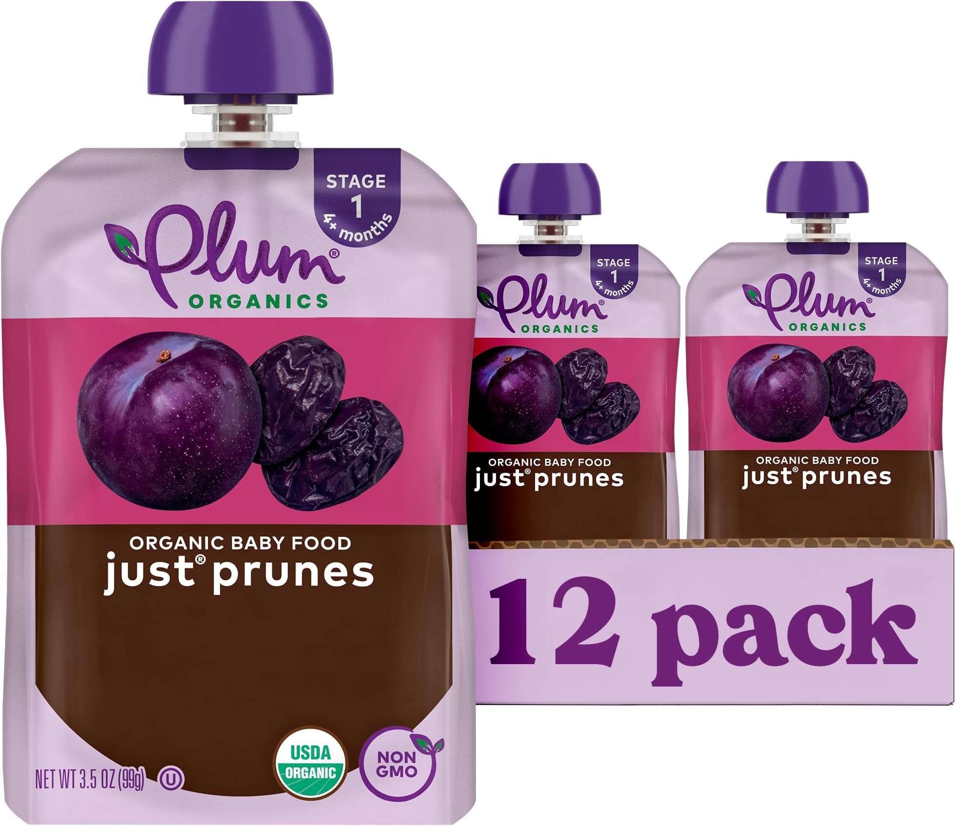 4+ Months Organic Baby Food Pouches - Just Punes - Non-GMO - Fruit & Veggie Blends On-The-Go Pouches for Baby & Toddler Meals - Quality Tested Ingredients - 3.5 oz (Pack Of 12)