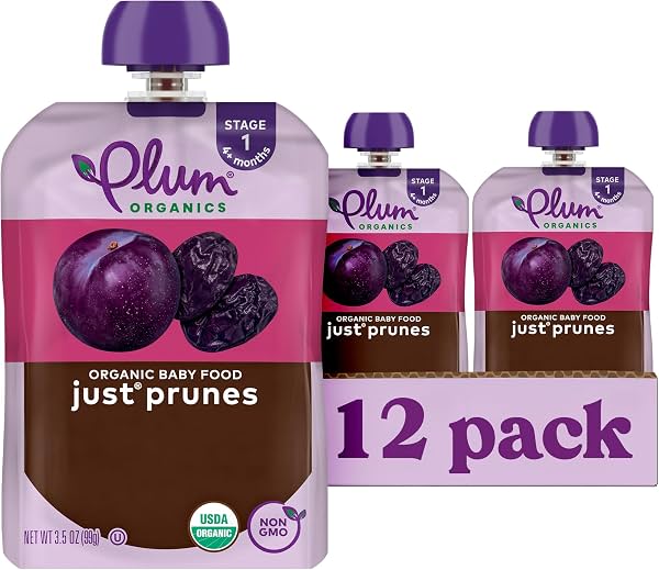 Plum Organics Etapa 1 Comida para Bebé, Solo Ciruelas Pasas, Multi, 3.5 Onzas por Bolsita (Paquete de 12)